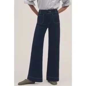 Maeve The Colette Contrast-Stitch Full-Length Wide-Leg Pants in Navy - Size 26